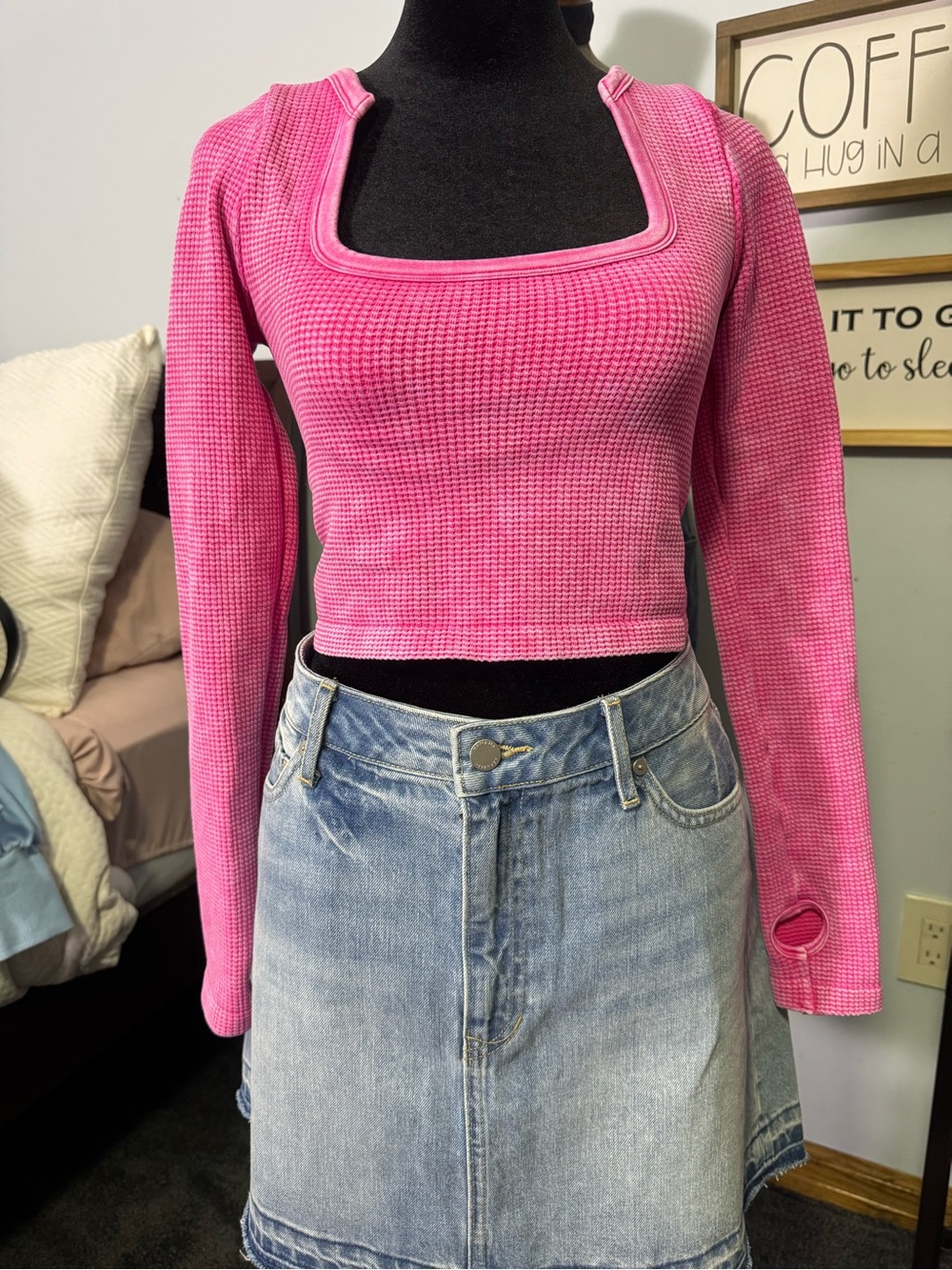 As Revival by Altard State pinkSquare-Neck Waffle Knit Long Sleeve Crop Top